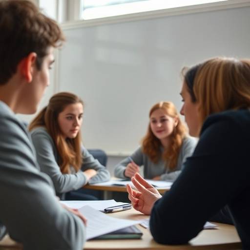 Groupe d'étudiants discutant en franäais lors d'un cours de niveau intermédiaire
