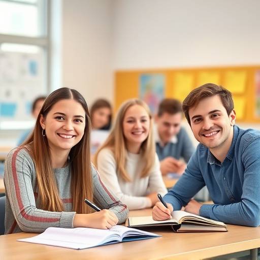 Groupe d'étudiants souriants étudiant le franäais dans une salle de classe lumineuse.