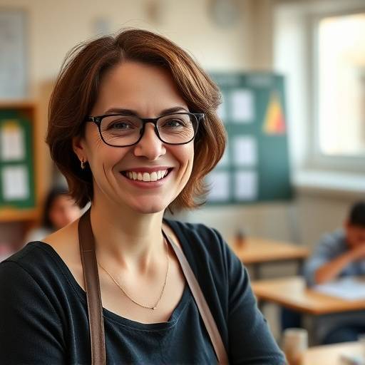 Portrait d'une professeure de franäais souriante dans une salle de classe