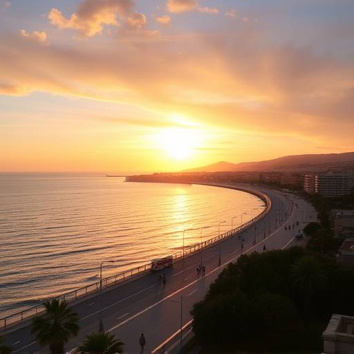 Vue panoramique de la Promenade des Anglais à Nice au coucher du soleil
